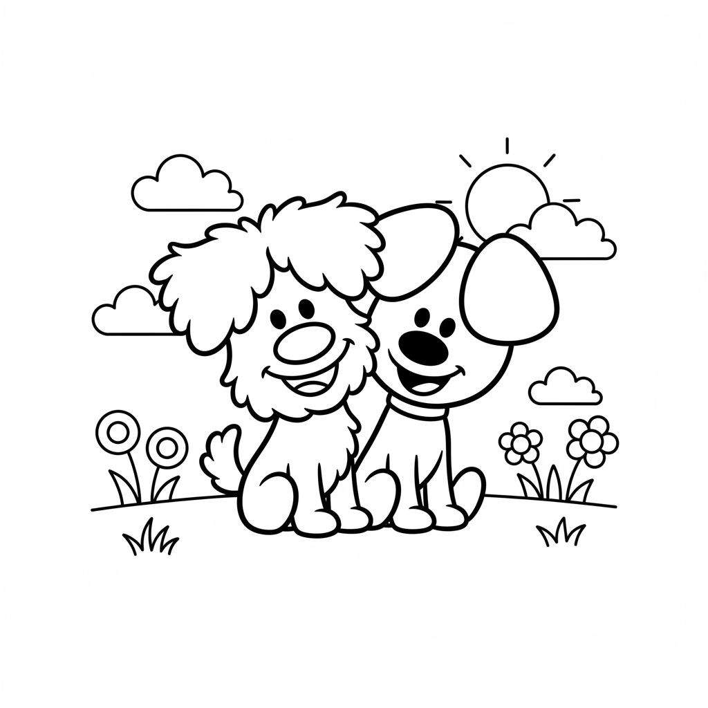 Kleurplaat van Woezel en Pip: twee vrolijke cartoonhonden in het gras tussen bloemen, onder een zon en wolken. De linker hond is pluizig en lacht breed; de rechter hond heeft een hangoor en een halsband en lacht ook.
