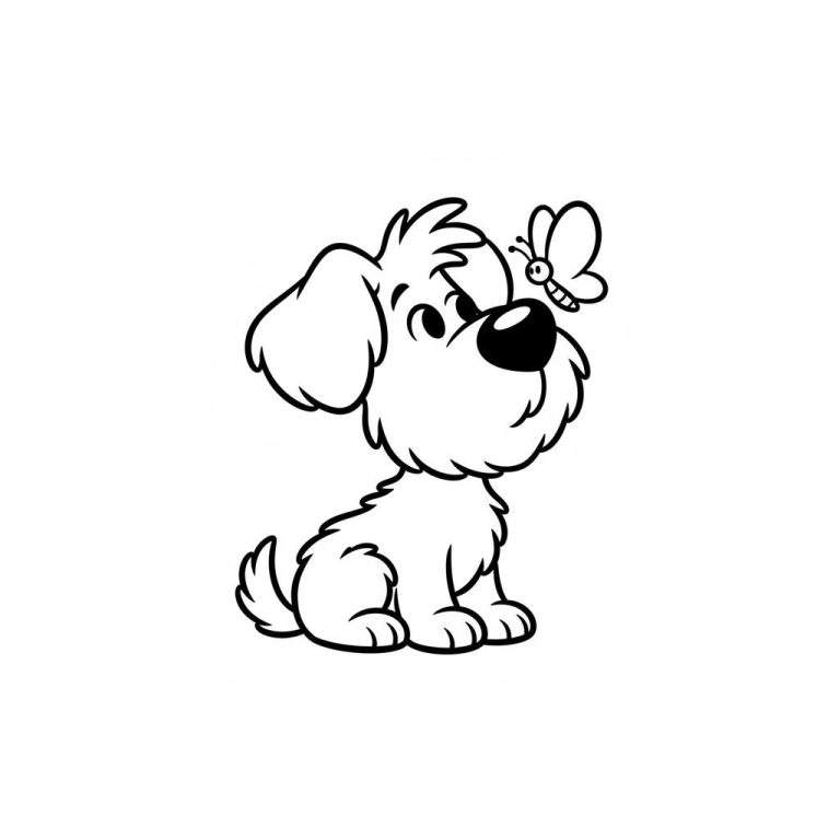 Kleurplaat van een zittende Woezel en Pip hond die nieuwsgierig en lief omhoog kijkt naar een kleine vlinder die vlakbij zijn snuit zweeft.