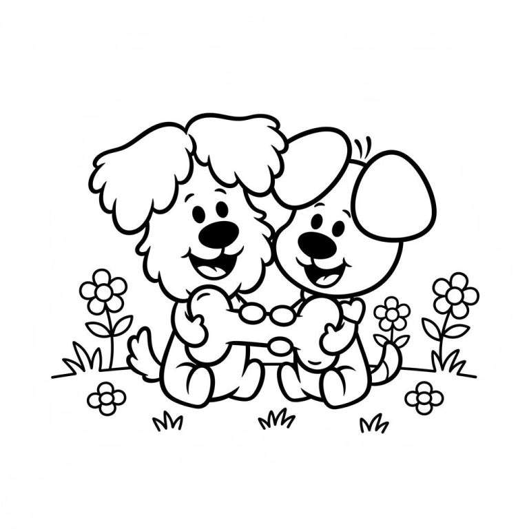 Zwart-wit kleurplaat van Woezel en Pip die lachend samen een bot delen, omringd door gras en eenvoudige bloemen.