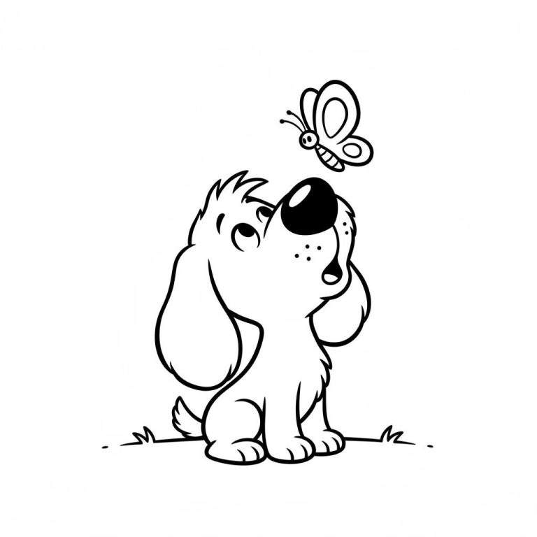 Zwart-wit kleurplaat van een Woezel en Pip puppy met flaporen die nieuwsgierig omhoog kijkt naar een zwevende vlinder.