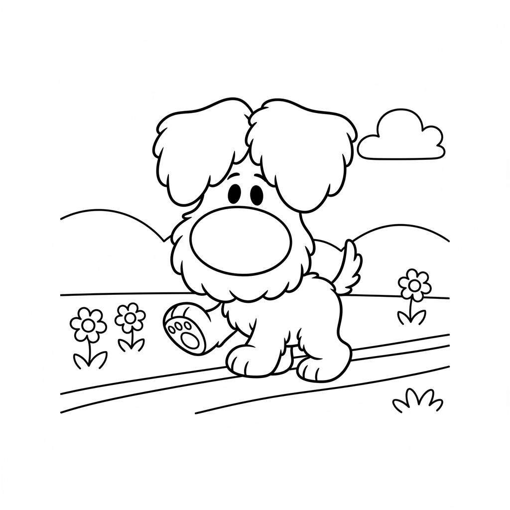 Zwart-wit kleurplaat van Woezel, een pluizige cartoonhond met grote oren en ronde ogen, wandelend op een pad. Om hem heen bloemen, heuvels en een wolk.