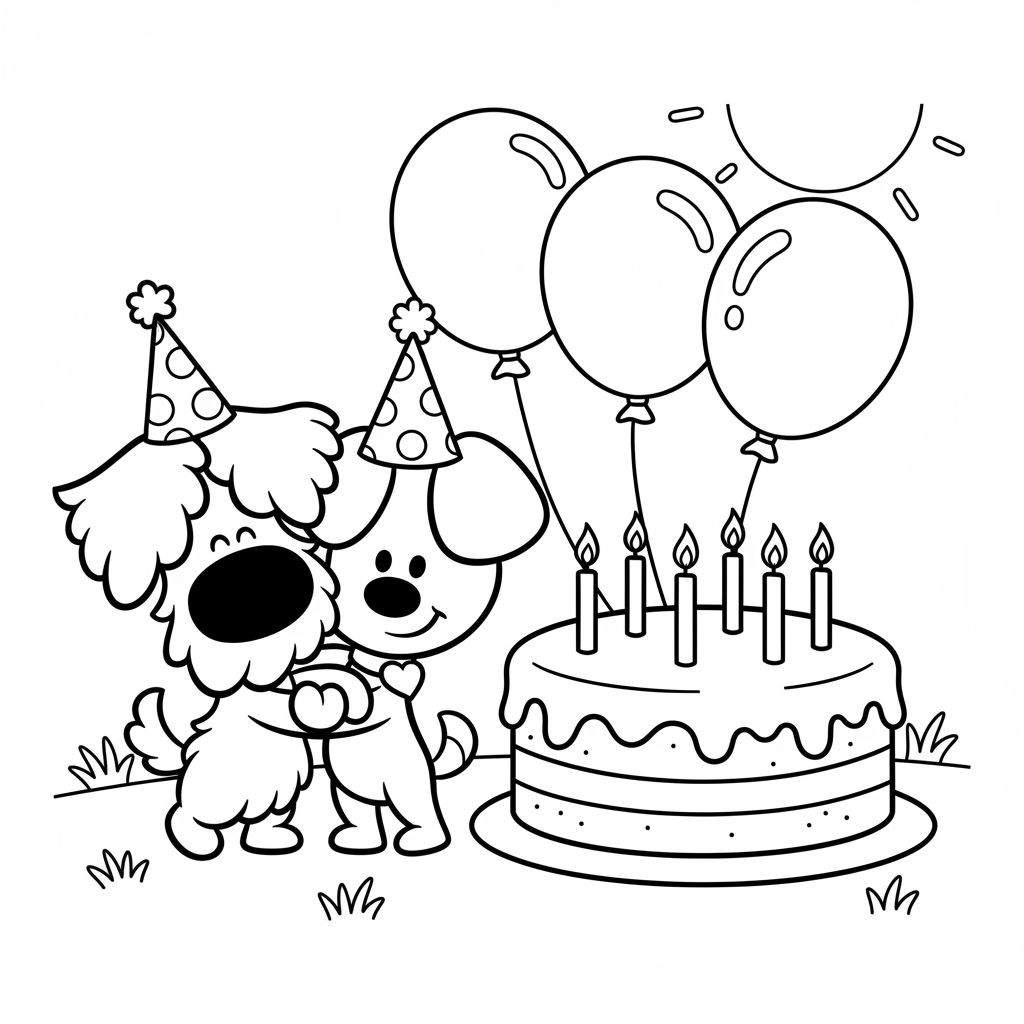 Kleurplaat van Woezel en Pip die knuffelen op een verjaardagsfeest, met feestmutsen, een taart met zes kaarsjes, ballonnen en een zon.