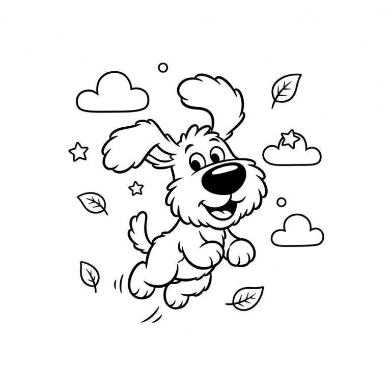 Zwart-wit kleurplaat van een vrolijke, springende hond (Woezel of Pip) met grote flaporen, lachende snuit, omringd door wolken, sterren, bladeren en cirkels.