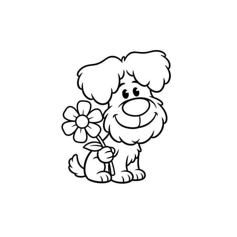 Zwart-wit kleurplaat van een schattige, lachende Woezel en Pip hond met grote pluizige oren, zittend en een bloem vasthoudend in zijn linkerpoot.