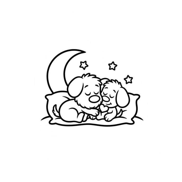 Woezel en Pip kleurplaat: twee slapende hondjes knuffelend op een kussen onder een halve maan en sterren in zwart-wit.