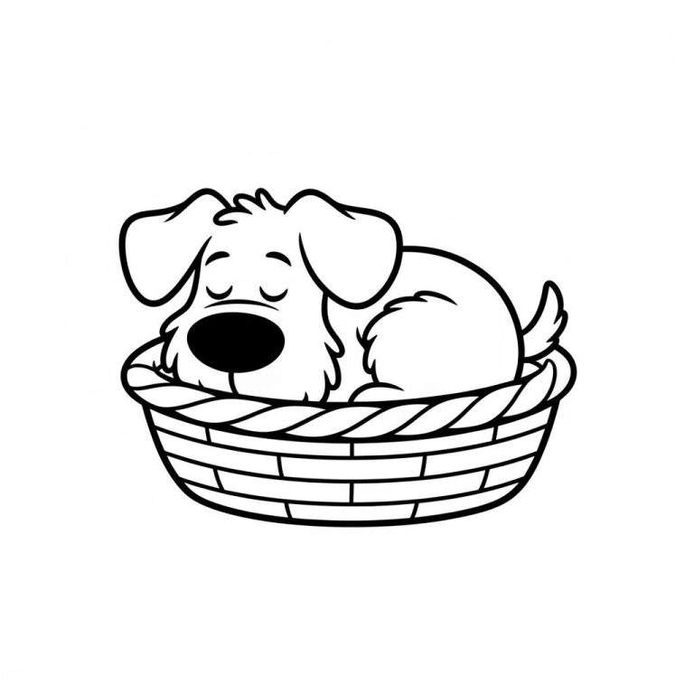 Kleurplaat van een Woezel en Pip hondje dat slaapt in een gevlochten mand, met gesloten oogjes en hangende oren, in eenvoudige zwart-wit cartoonstijl.
