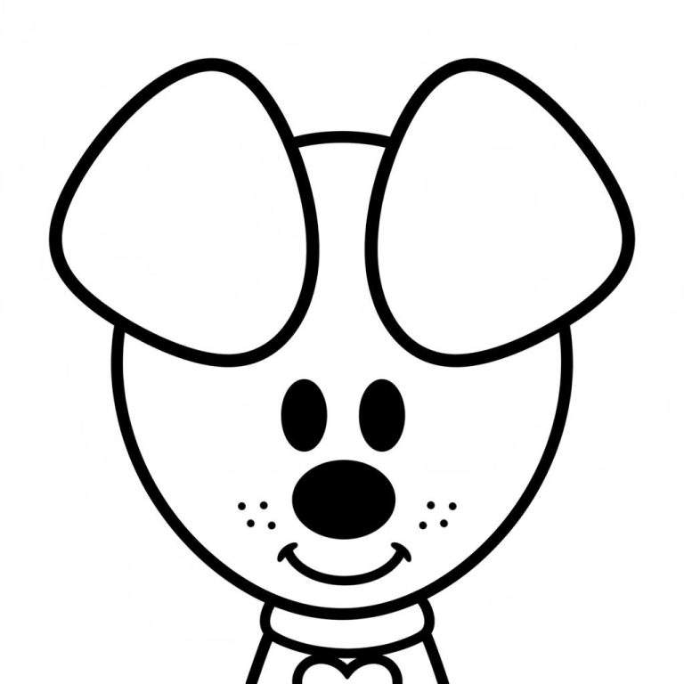 Zwart-wit kleurplaat van het vrolijke hoofd van Woezel, de cartoonhond, met lachende mond, grote oren, neus en halsband met hartje.