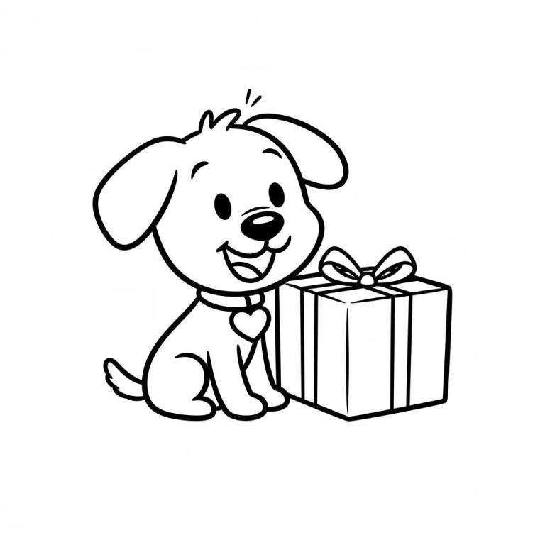 Kleurplaat van Woezel, een lachend hondje met halsband en hartlabel, zittend naast een ingepakt cadeautje met strik.