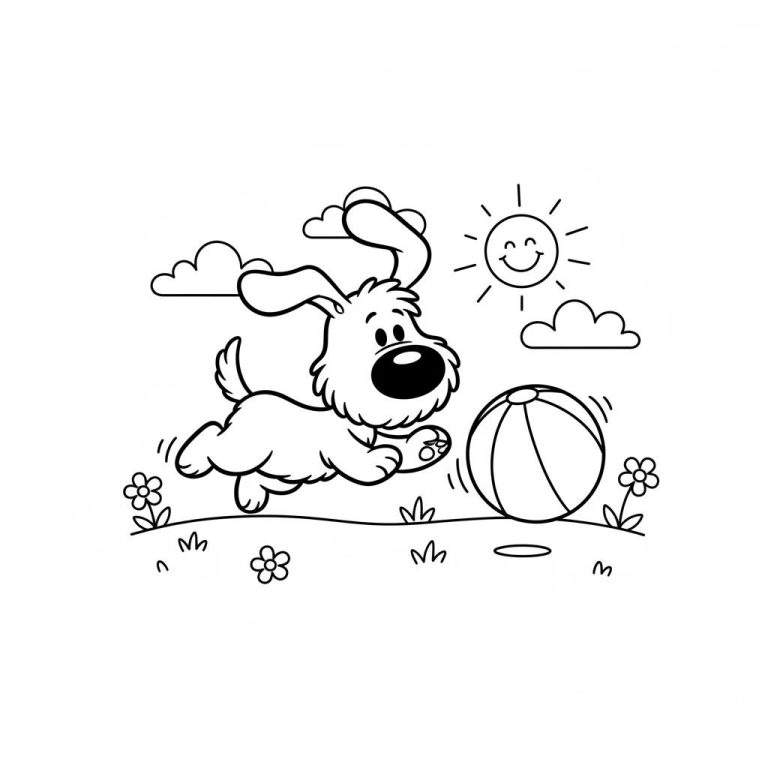 Kleurplaat van Woezel, de vrolijke hond, die rent naar een gestreepte strandbal onder een lachende zon in een grasveld met bloemen.