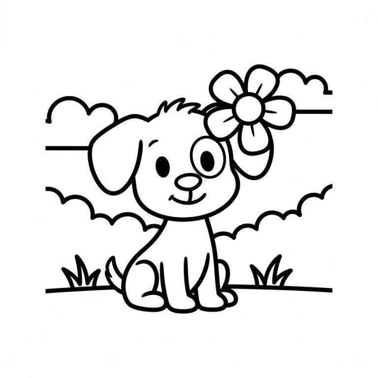 Zwart-wit kleurplaat van een Woezel en Pip hondje dat vrolijk zit, met een bloem op zijn hoofd en eenvoudige wolkjes en gras op de achtergrond.