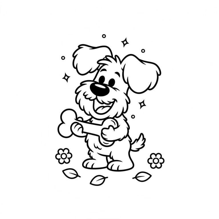 Zwart-wit lijntekening van Woezel uit Woezel en Pip, een vrolijk hondje dat lachend een groot bot vasthoudt, omringd door sterren, rondjes, bloemen en blaadjes.