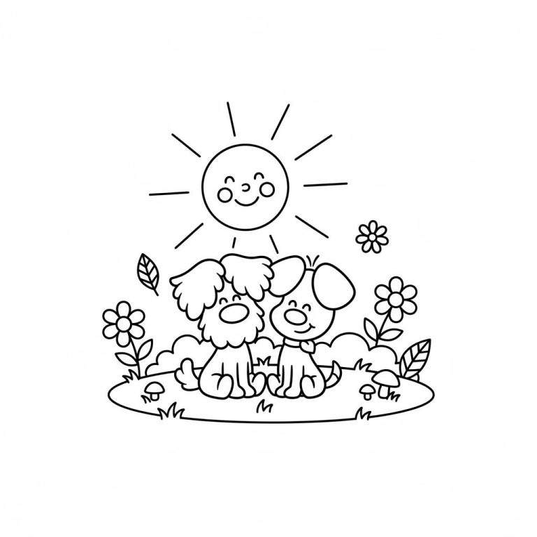 Kleurplaat van Woezel en Pip, de twee hondjes, zittend op gras met een lachende zon, bloemen en paddenstoelen in een vrolijke buitenscène.