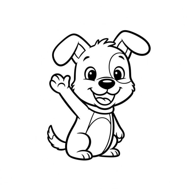 Zwart-witte lijntekening van Woezel uit Woezel en Pip, een vrolijke cartoonhond met grote ogen, die lacht en zwaait met zijn poot.