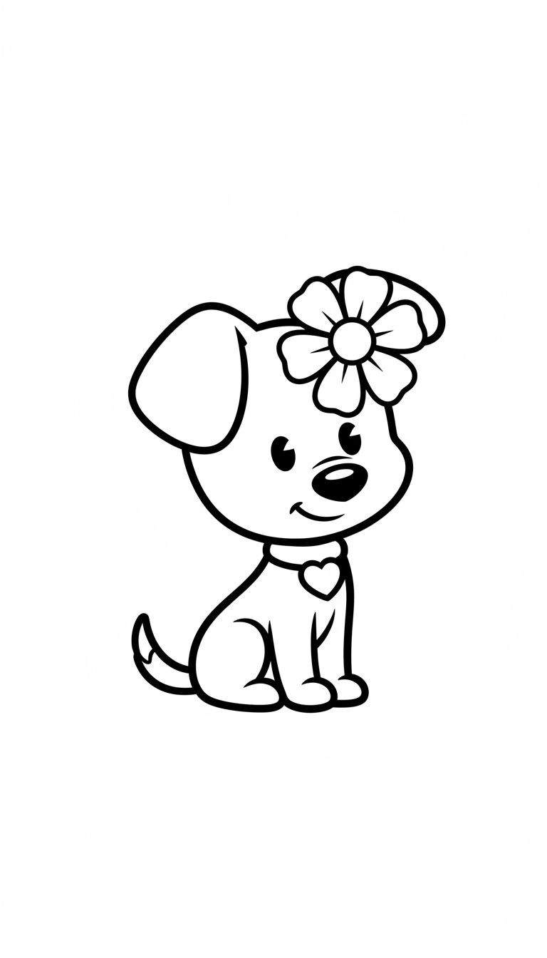 Zwart-witte lijntekening van een zittende, glimlachende puppy met een bloem op zijn hoofd en een halsband met een hartvormige hanger, klaar om in te kleuren.