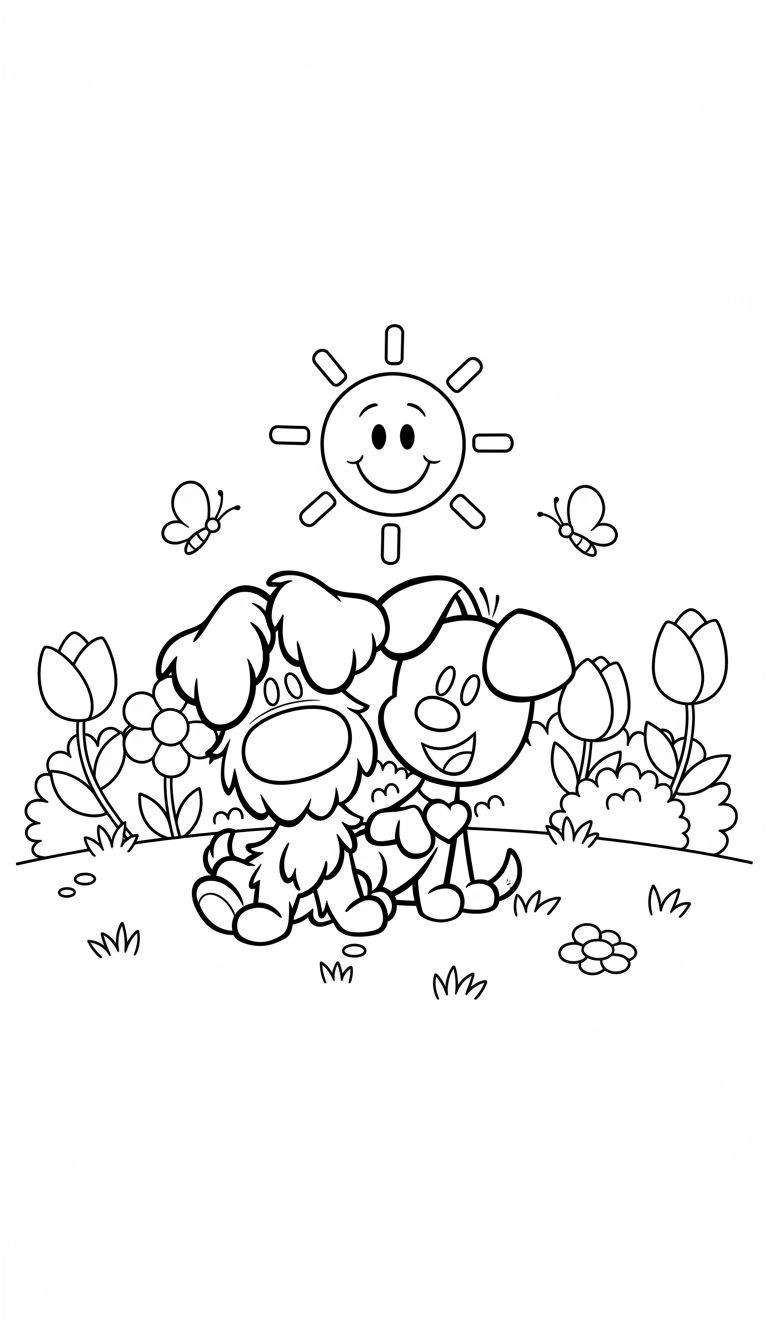 Kleurplaat van Woezel en Pip, twee vrolijke honden die dicht bij elkaar zitten in een bloemrijke weide onder een lachende zon, met Pip die een hartje vasthoudt.