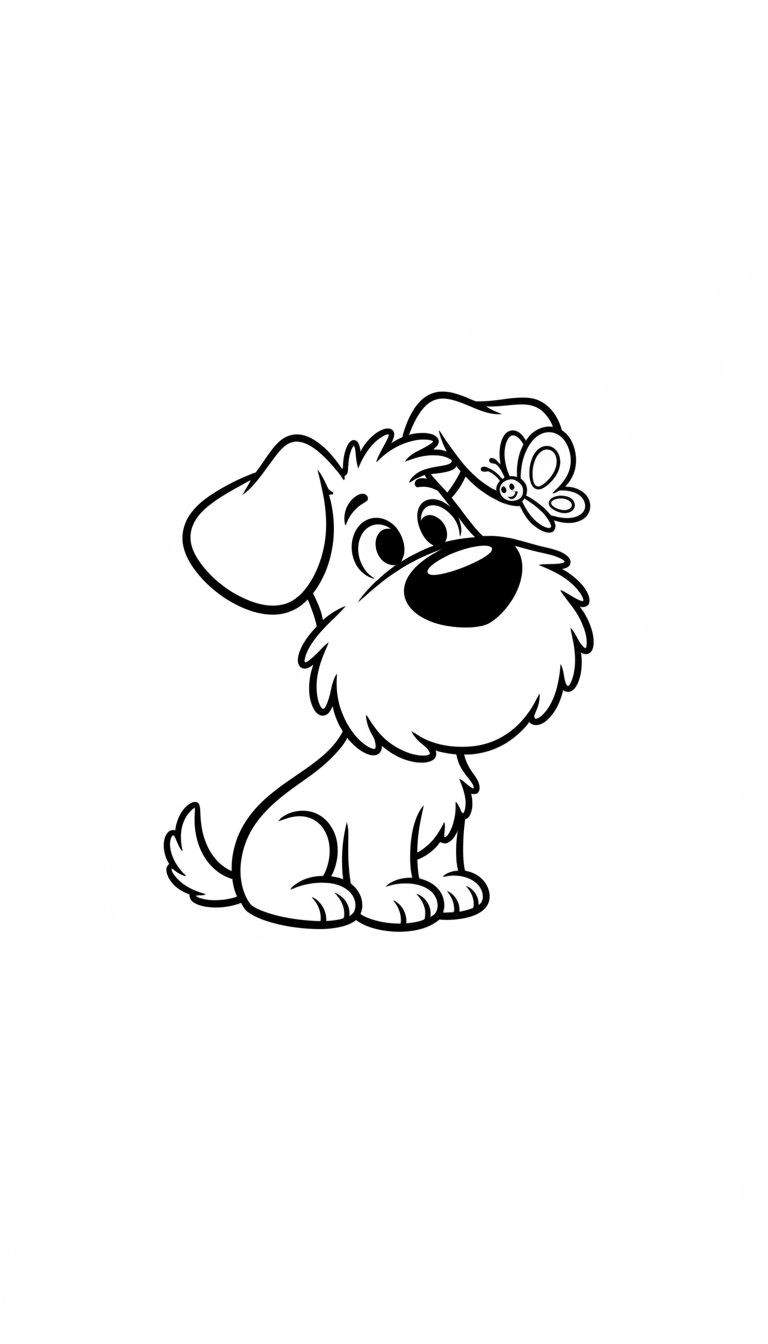 Zwart-wit kleurplaat van Woezel, het tekenfilmhondje, dat met nieuwsgierige ogen naar een vlinder op zijn oor kijkt.