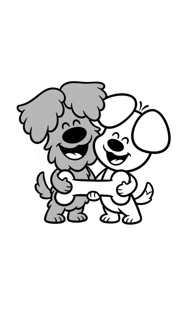 Kleurplaat van de vrolijke cartoonhonden Woezel en Pip. De grijze Woezel en de witte Pip lachen breed met gesloten ogen terwijl ze samen een groot wit bot vasthouden voor een effen witte achtergrond.