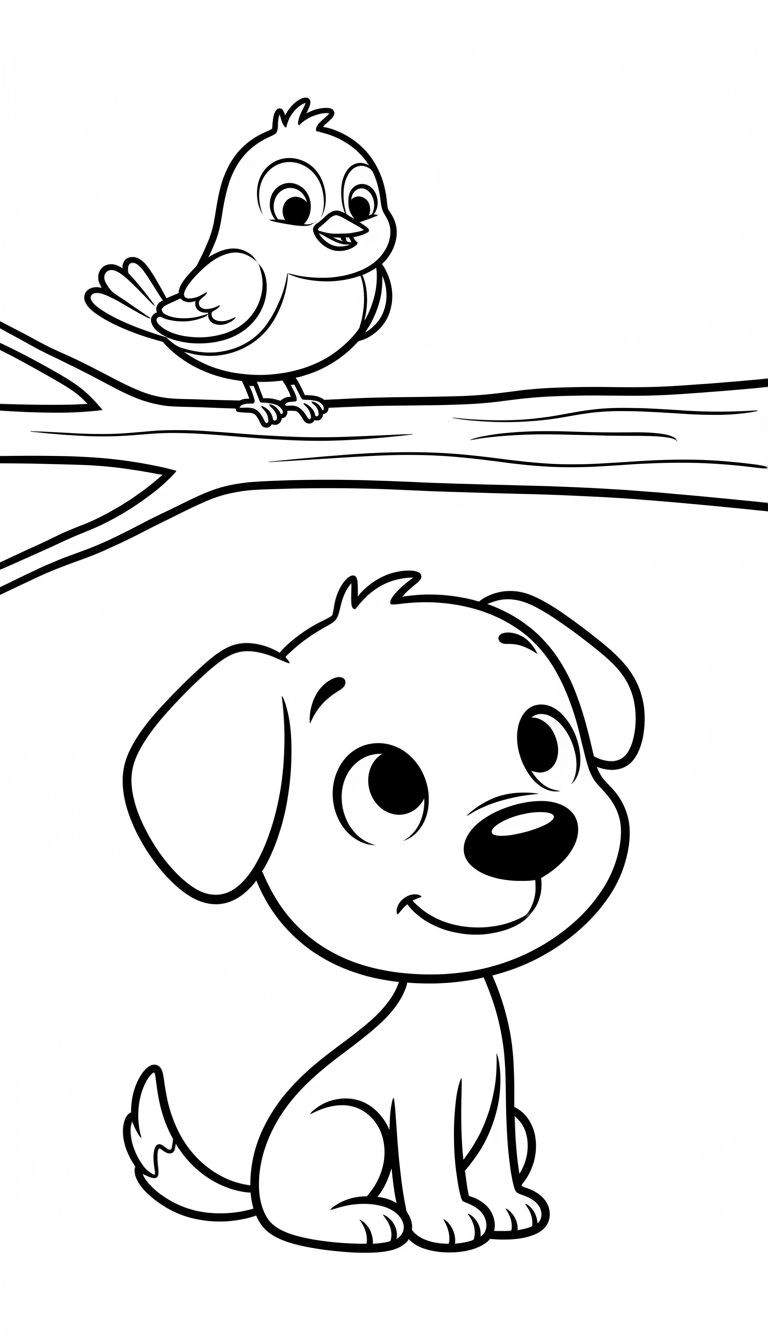 Zwart-wit kleurplaat van Woezel de puppy die omhoog kijkt naar een vrolijk vogeltje op een boomtak.