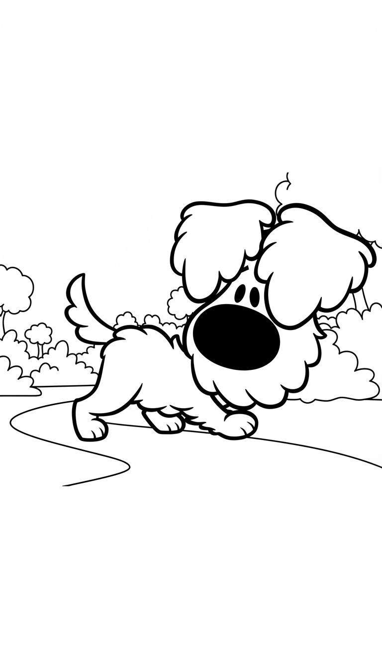 Kleurplaat van Woezel en Pip, een blaffende, speelse hond met grote oren in een buitenomgeving met bomen en een pad.