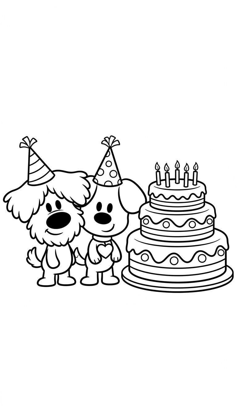 Woezel en Pip kleurplaat: twee blije honden (één pluizig met gestreept hoedje, één glad met gestippeld hoedje en hartje) vieren verjaardag met een hoge drielagige taart en vijf brandende kaarsjes.