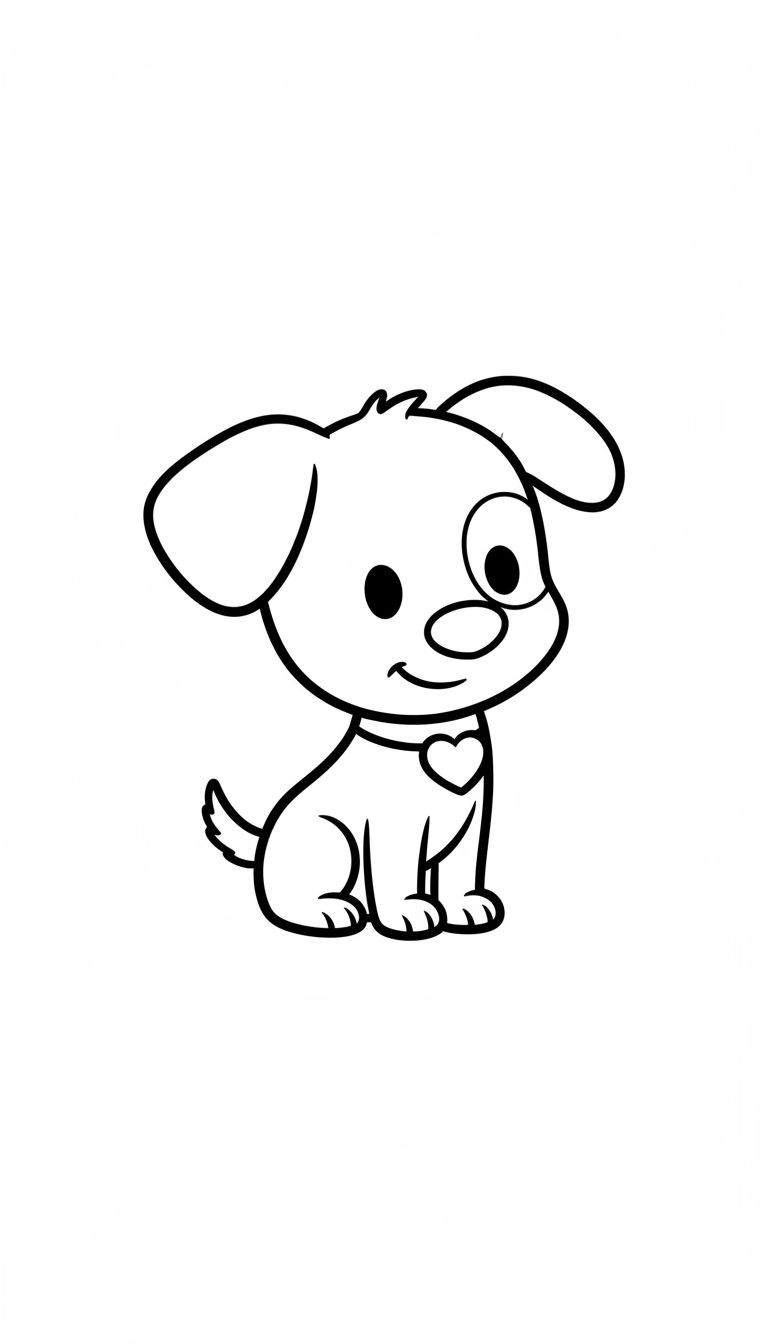 Zwart-wit lijntekening van Woezel, een cartoonhondje van Woezel en Pip, zittend en lachend met grote ronde ogen, een donkere vlek rond één oog, hangende oren en een halsband met een hartje eraan, ideaal als kindvriendelijke kleurplaat.