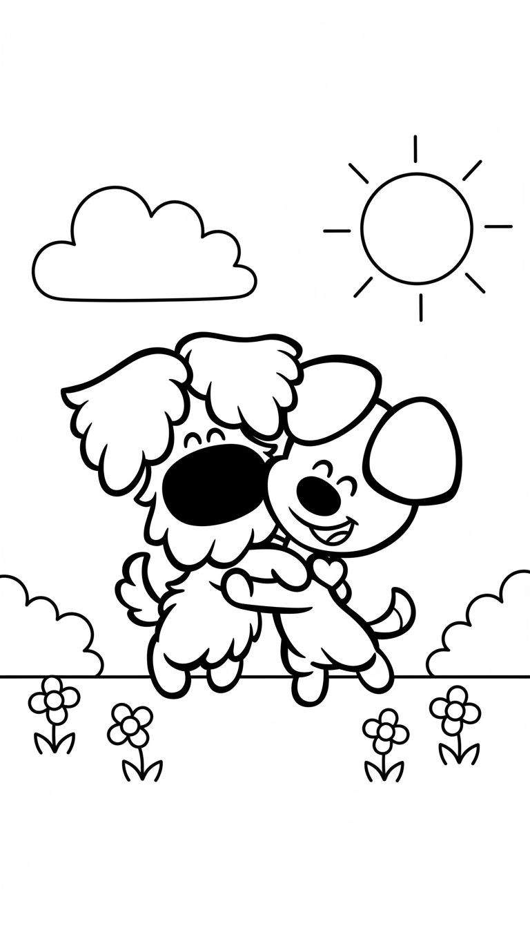 Kleurplaat van Woezel en Pip die elkaar knuffelen en lachen, met een wolk links, zon rechts en bloemen op de grond.