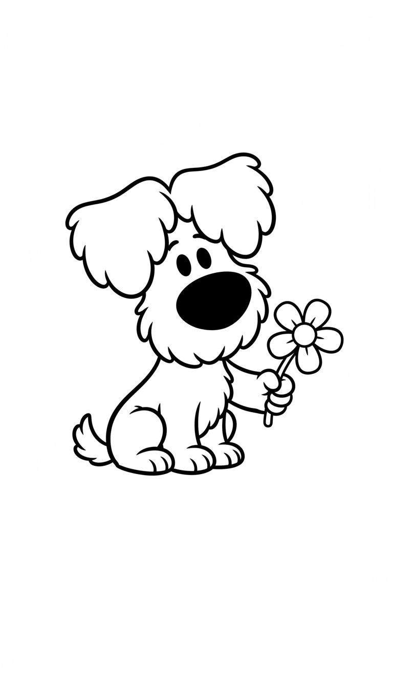 Woezel kleurplaat: vrolijk wit cartoonhondje met pluizige vacht, zittend en een bloem vasthoudend. Grote ogen en open mond geven een blije uitdrukking. Van Woezel en Pip.