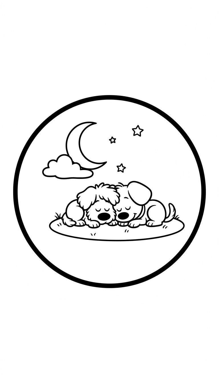 Zwart-witte lijntekening van Woezel en Pip, twee slapende hondjes dicht tegen elkaar aan op de grond, onder een maansikkel, wolk en twee sterren in een cirkelvormige omkadering.