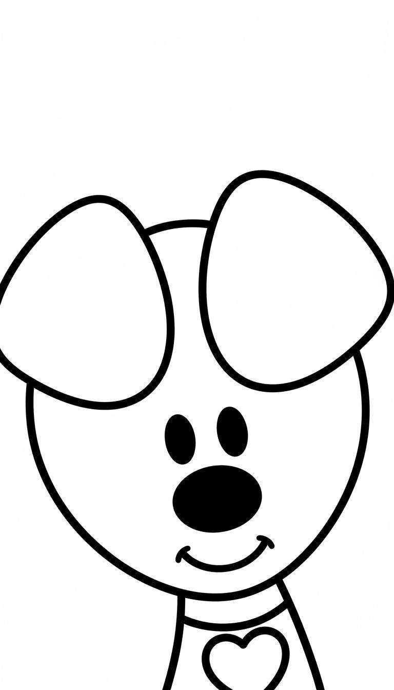 Kleurplaat van Woezel, het schattige cartoonhondje met flaporen, lachende mond en een halsband met hartje.