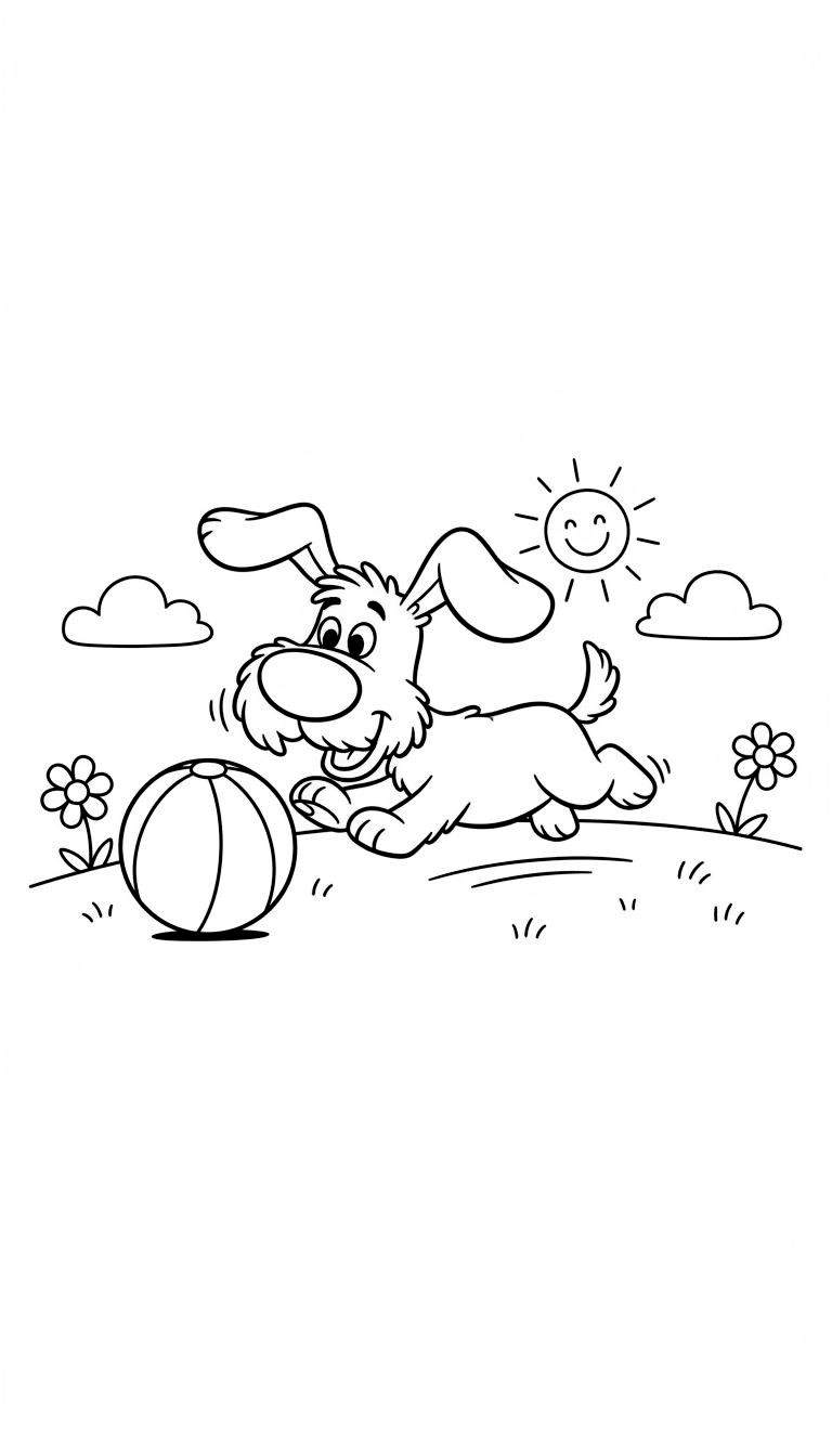 Zwart-wit kleurplaat van een vrolijke hond uit Woezel en Pip die speelt met een gestreepte bal in het gras, onder een lachende zon en twee wolkjes.