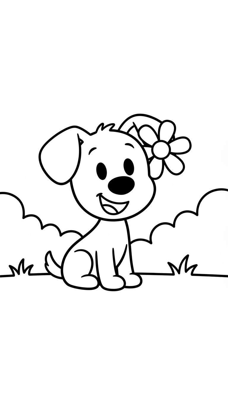 Zwart-wit kleurplaat van Woezel, een vrolijk zittend hondje met een lachende mond, grote zwarte ogen en neus. Achter zijn rechteroor zit een bloem met vijf blaadjes. Op de achtergrond zijn contouren van golvend gras te zien.