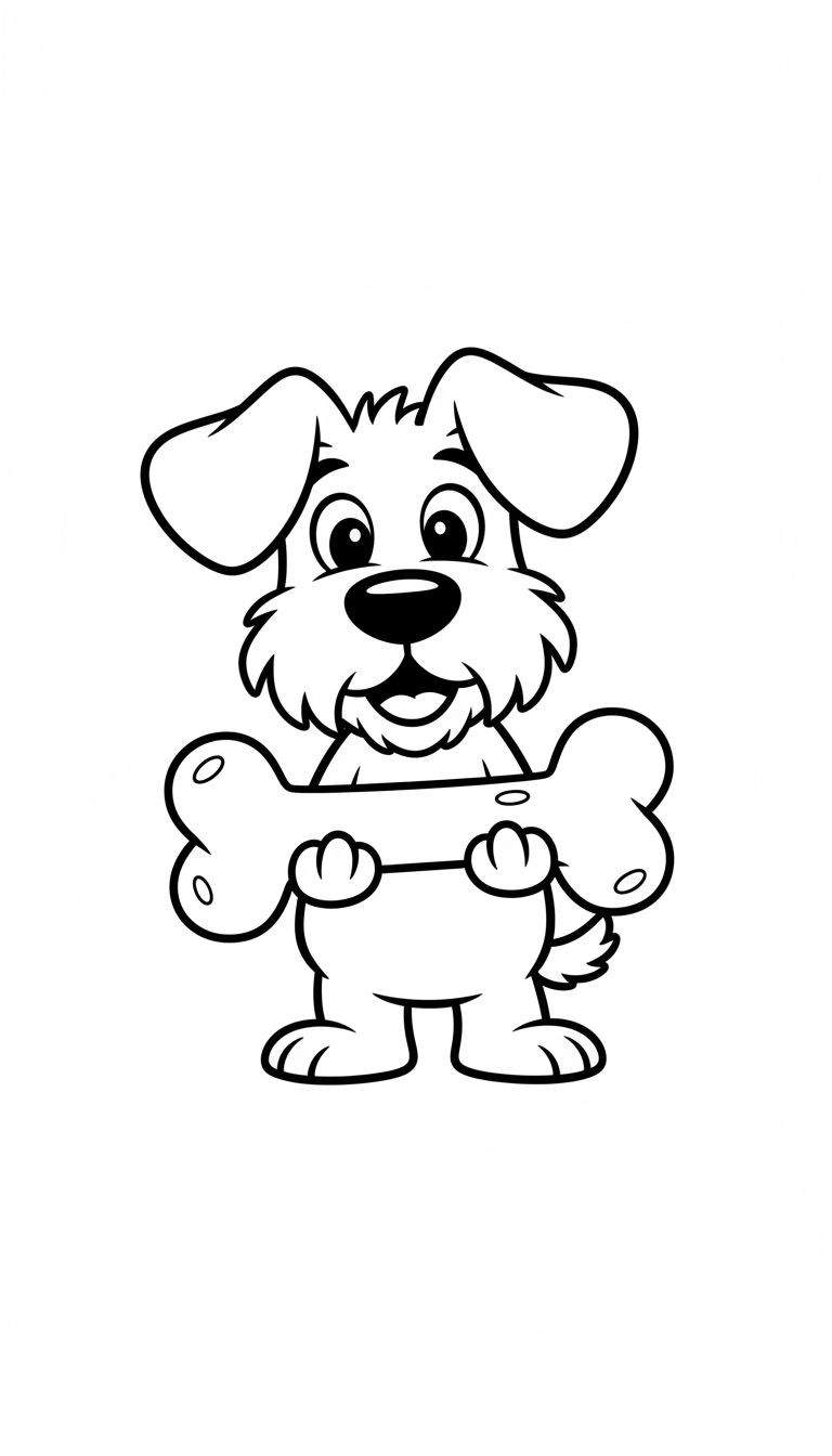 Zwart-wit kleurplaat van Woezel, de vrolijke, cartoonachtige hond van Woezel en Pip, die trots een groot bot met zijn voorpoten vasthoudt. De achtergrond is wit.