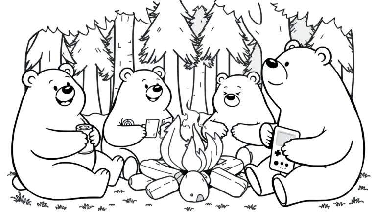 Zwart-wit kleurplaat: Vier lachende beren zitten rond een brandend kampvuur in een bos. De beren houden een blikje, smartphone/pasje, snackje en een handheld spelcomputer vast.