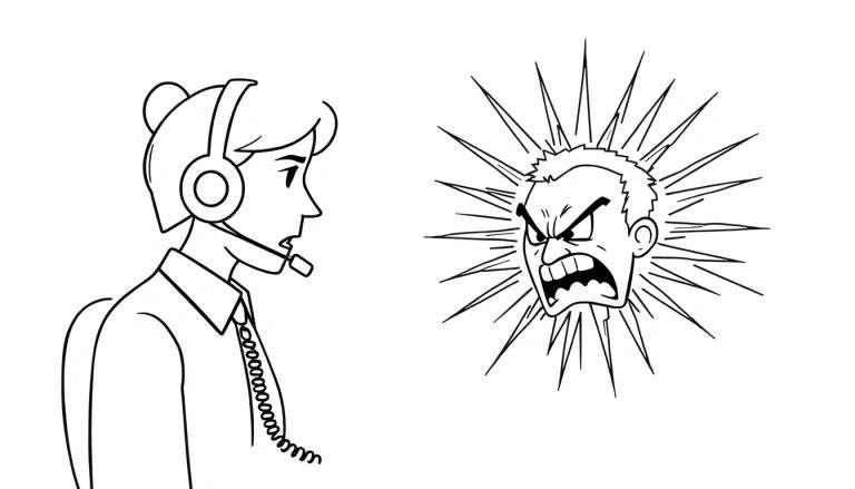 Kleurplaat van een klantenservicemedewerker met headset, die met een bezorgde uitdrukking aankijkt naar een boos, schreeuwend gezicht met stekelige lijnen rondom, wat woede symboliseert.
