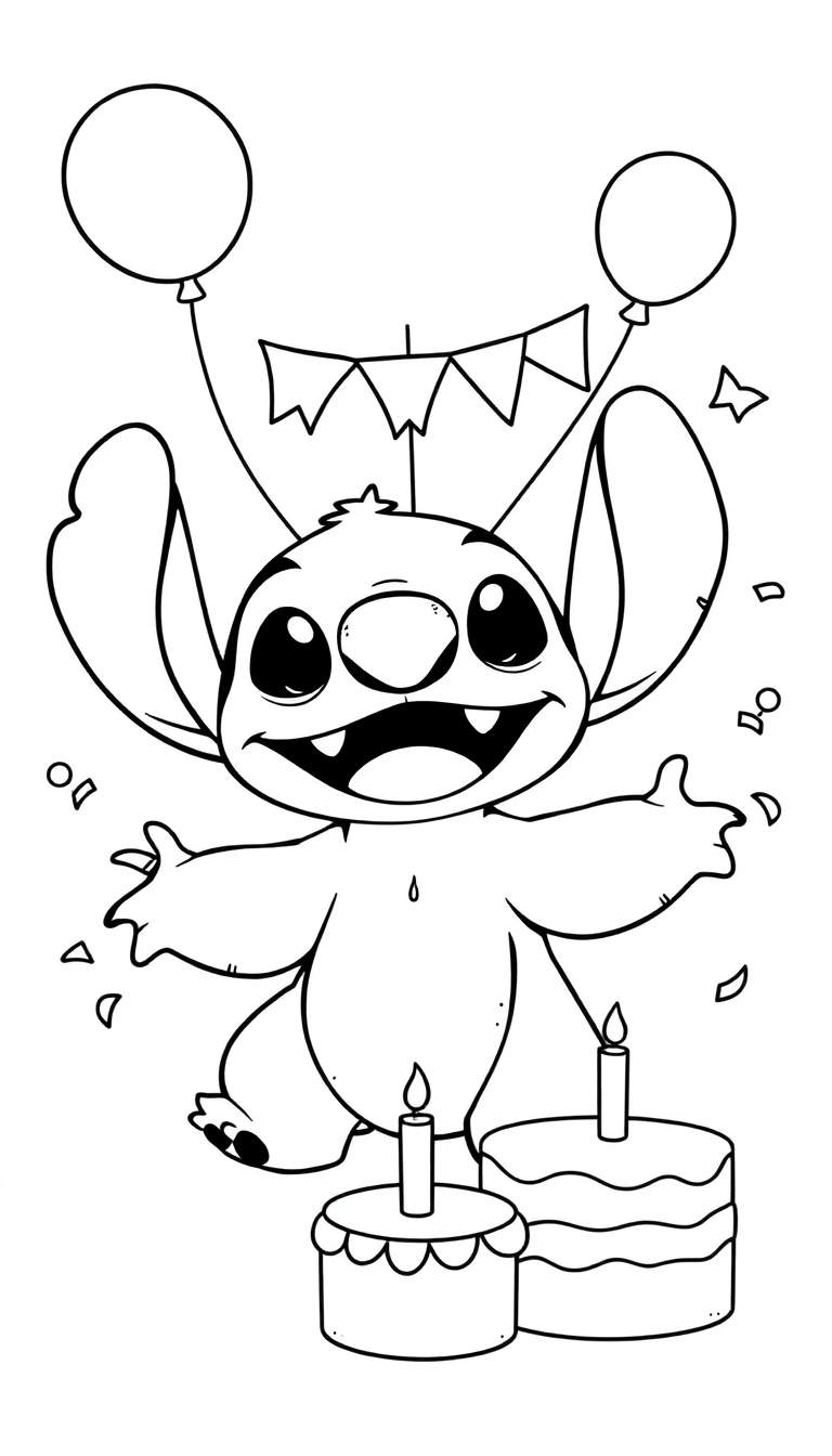 Zwart-wit tekening van Stitch, de blauwe alien, die enthousiast met open armen staat te midden van ballonnen, een feestslinger en confetti. Twee verjaardagstaarten met brandende kaarsjes staan aan de rechterkant.