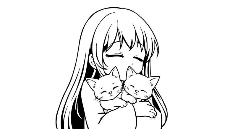 Kleurplaat van een anime meisje met lang haar en gesloten ogen die twee slapende kittens vasthoudt. Ze glimlacht tevreden.