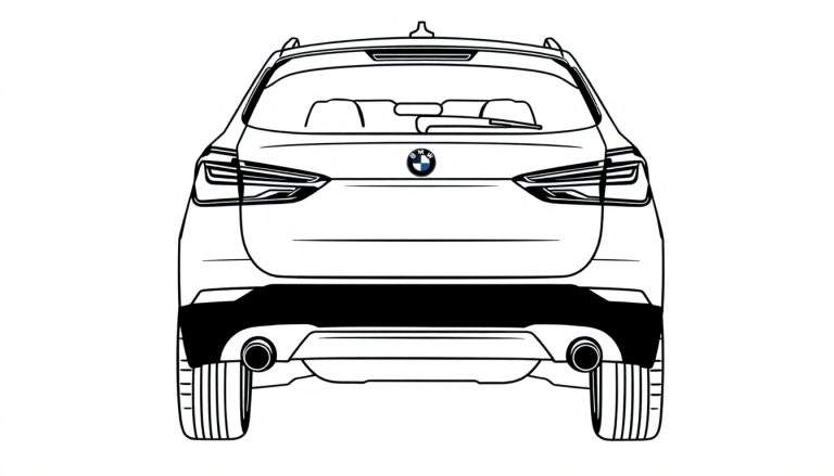 Lijntekening van de achterkant van een BMW SUV met details zoals achterlichten, dakrails en dubbele uitlaat.