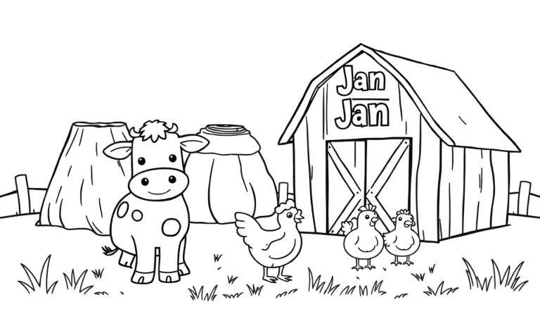 Zwart-wit kleurplaat van een boerderij met een kalfje, kip, kuikens, schuur en hooi.