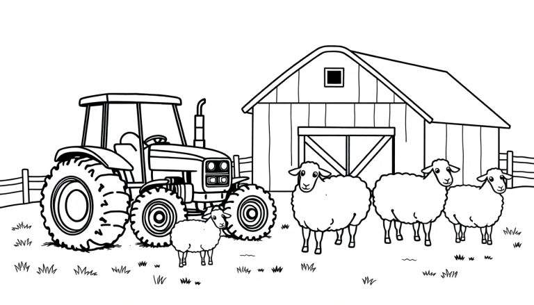 Kleurplaat met een trekker, houten schuur, vier schapen en hek op een grasveld.