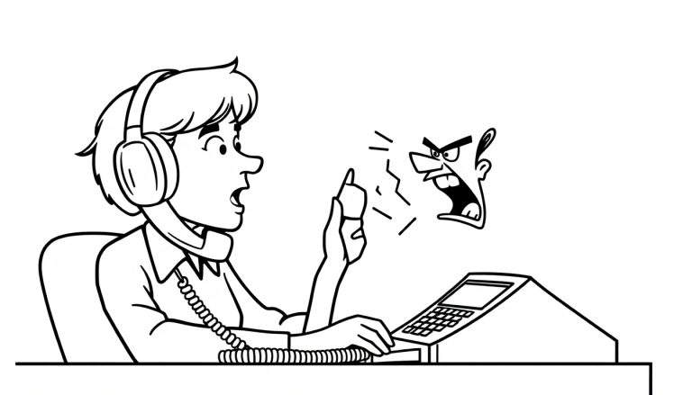 Kleurplaat: een callcentermedewerker met headset, telefoon en toetsenbord, kijkend met open mond en ogen naar een boos gezicht dat uit de telefoon zweeft.