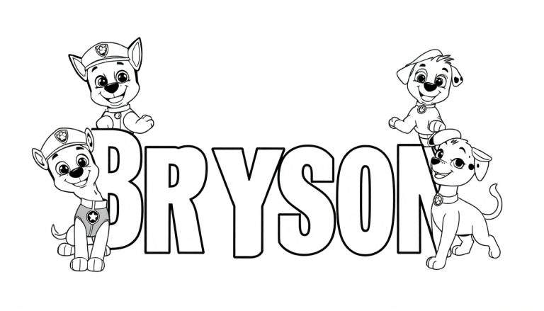 Zwart-wit kleurplaat van de naam BRYSON met vier Paw Patrol-achtige puppy's. Twee met politiepet aan de linkerkant en twee met brandweerpet aan de rechterkant.