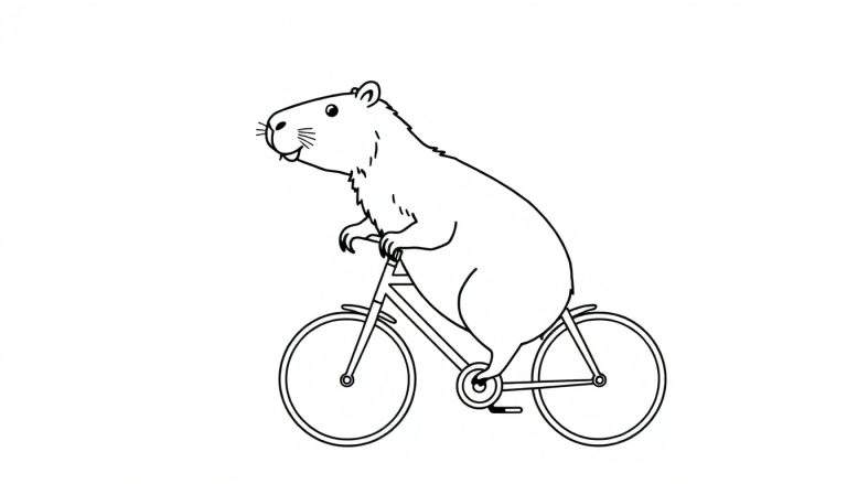Kleurplaat van een capibara die op een fiets rijdt, lijntekening, zwart-wit, eenvoudige schets.
