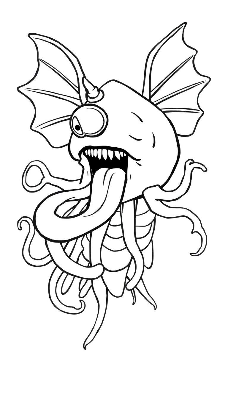 Kleurplaat van een cartoon monster met een rond lichaam, één groot oog, een open mond vol scherpe tanden, een lange tong, vleugels en tentakels.