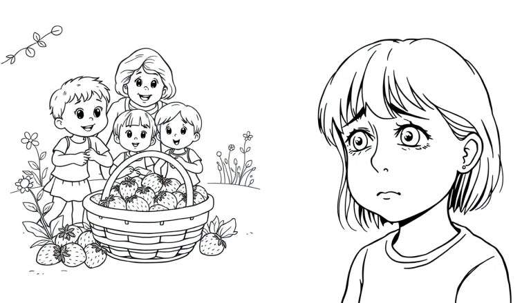 Lijntekening kleurplaat met twee scènes: links een lachende vrouw en kinderen met een mand vol aardbeien, rechts een bezorgd kijkend meisje met kort haar.