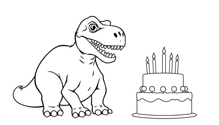 Zwart-wit tekening van een lachende cartoon dinosaurus (T-Rex) die naar een tweelaagse verjaardagstaart met vijf brandende kaarsjes kijkt.
