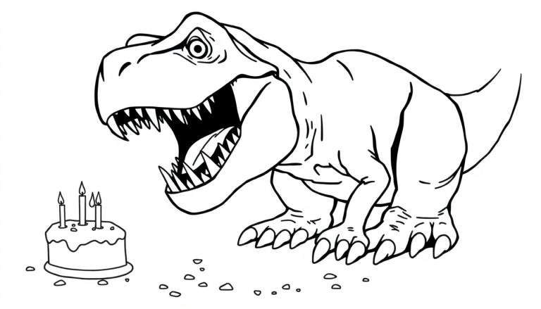 Zwart-wit kleurplaat van een cartoon T-Rex met een wijd opengesperde bek vol tanden die naar een kleine verjaardagstaart met brandende kaarsjes kijkt. Kruimels liggen verspreid rondom.
