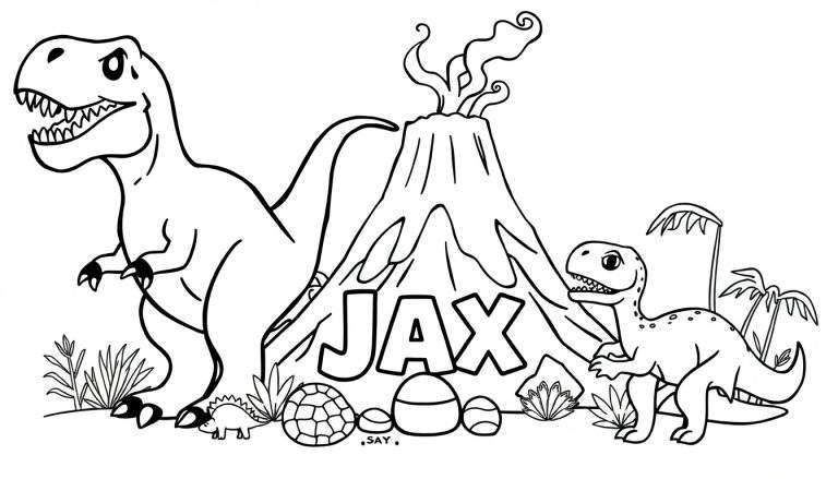 Zwart-wit kleurplaat met een grote T-Rex, een uitbarstende vulkaan met de naam JAX, een kleine dinosaurus, dinosauruseieren en palmbomen.