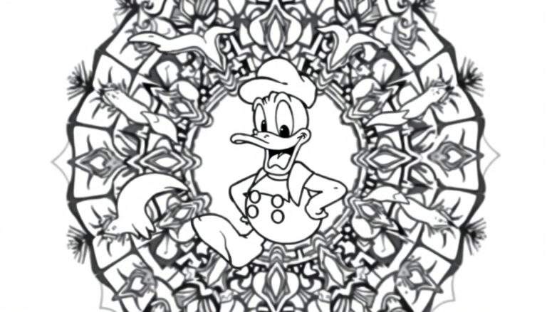 Zwart-wit lijntekening van Donald Duck die danst, omringd door een gedetailleerde mandala, klaar om ingekleurd te worden.