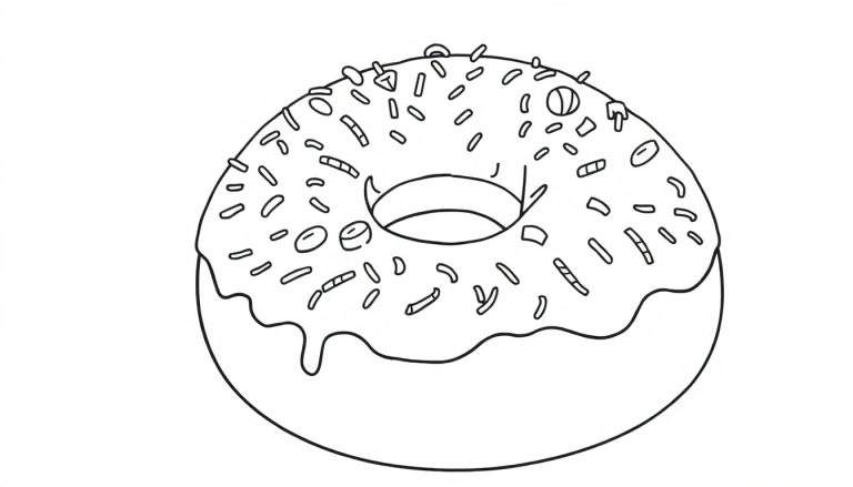 Zwart-witte lijntekening van een donut met druipend glazuur en diverse sprinkles.