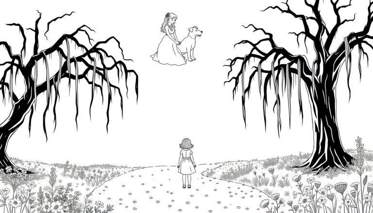 Zwart-wit kleurplaat met een meisje dat een hond aait terwijl ze zweven tussen kale bomen met lianen. Beneden staat een ander meisje op een bloemenpad. Sprookjesachtige, dromerige illustratie.